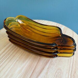Vintage Indiana Glass Amber Banana Split Dishes Bowls Ice Cream Set Of 4 EUC
